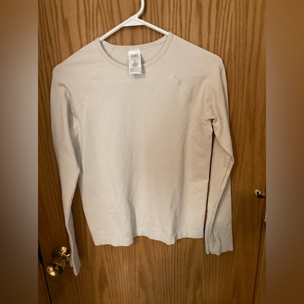 Athleta Girl Power Up Long-Sleeved Ivory Shimmer Top Sz. 14 (XL)